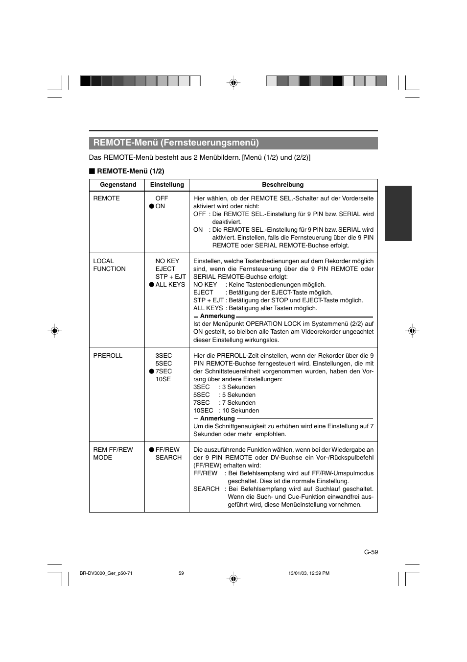 Remote-menü (fernsteuerungsmenü) | JVC BR-DV3000E User Manual | Page 129 / 350