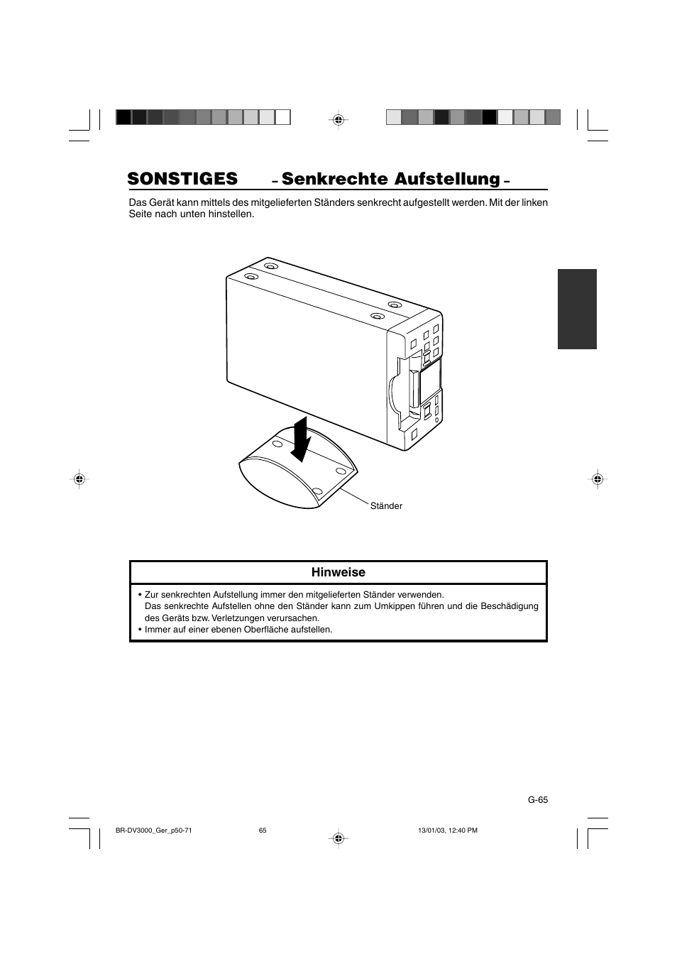 Sonstiges, Senkrechte aufstellung | JVC BR-DV3000E User Manual | Page 135 / 350