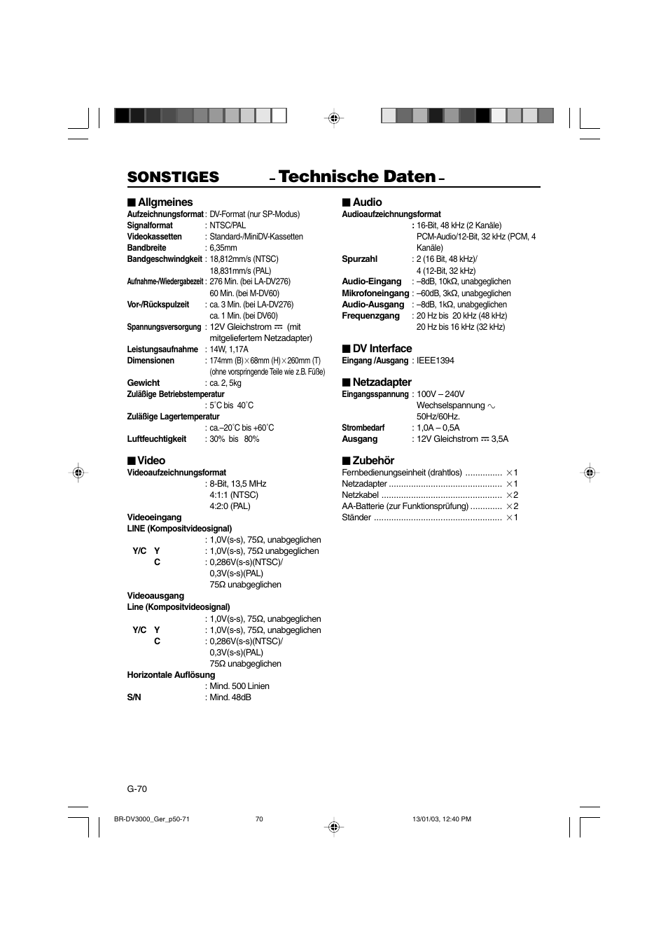 Technische daten, Sonstiges | JVC BR-DV3000E User Manual | Page 140 / 350