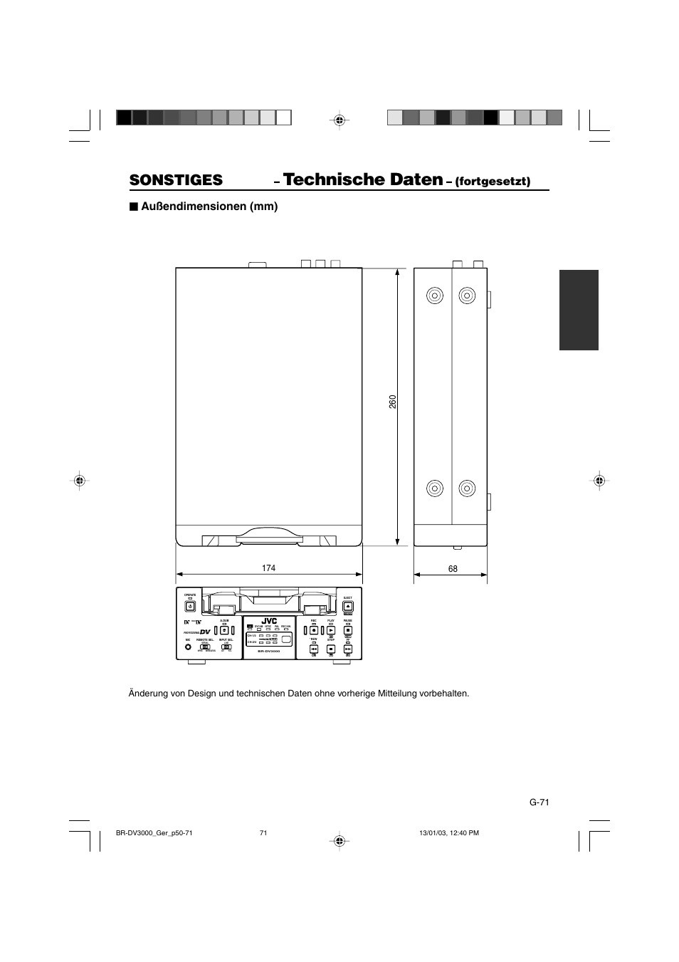 Technische daten, Sonstiges, Fortgesetzt) | Außendimensionen (mm), G-71 | JVC BR-DV3000E User Manual | Page 141 / 350