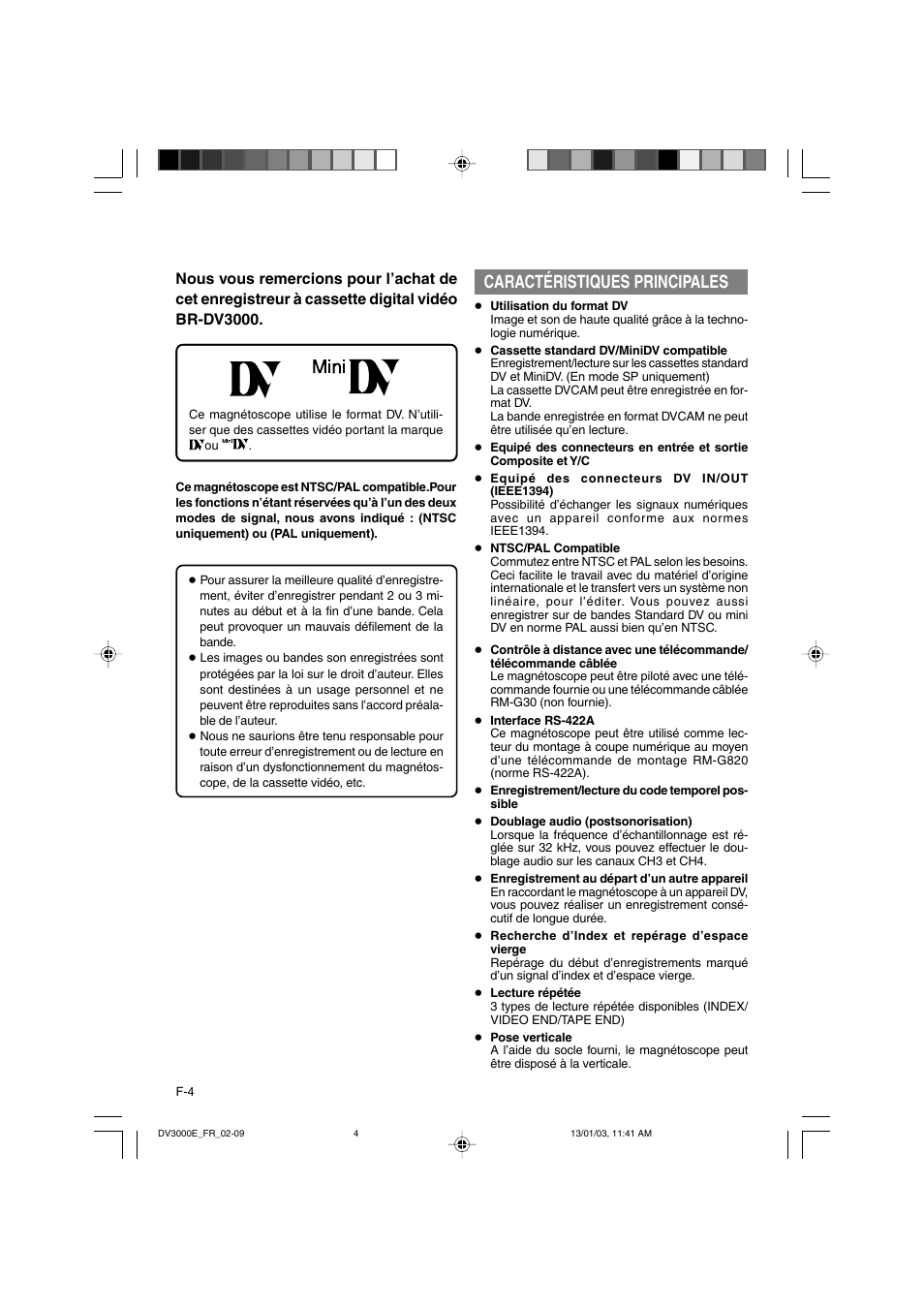 Caractéristiques principales | JVC BR-DV3000E User Manual | Page 144 / 350