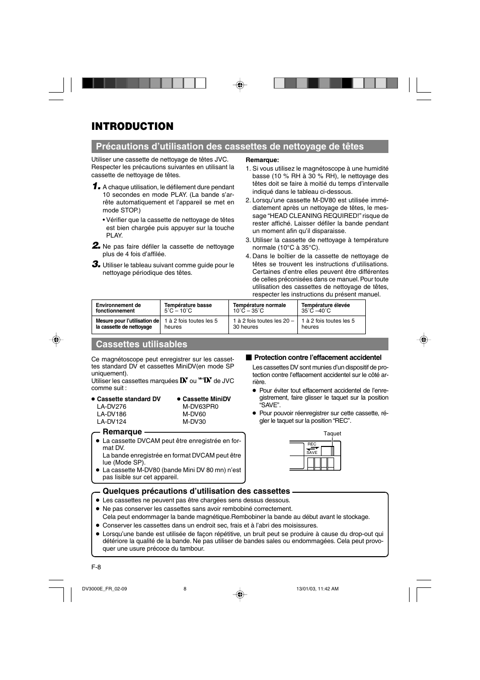 Introduction, Cassettes utilisables, Remarque | Quelques précautions d’utilisation des cassettes | JVC BR-DV3000E User Manual | Page 148 / 350