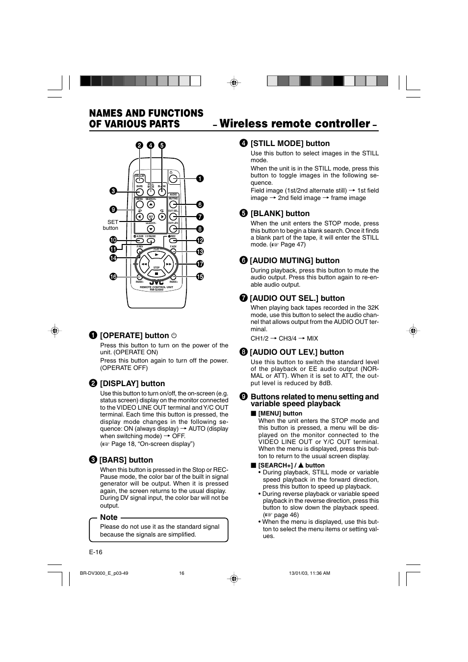 Wireless remote controller, Names and functions of various parts, Operate] button f | Display] button, Bars] button, Still mode] button, Blank] button, Audio muting] button, Audio out sel.] button, Audio out lev.] button | JVC BR-DV3000E User Manual | Page 16 / 350