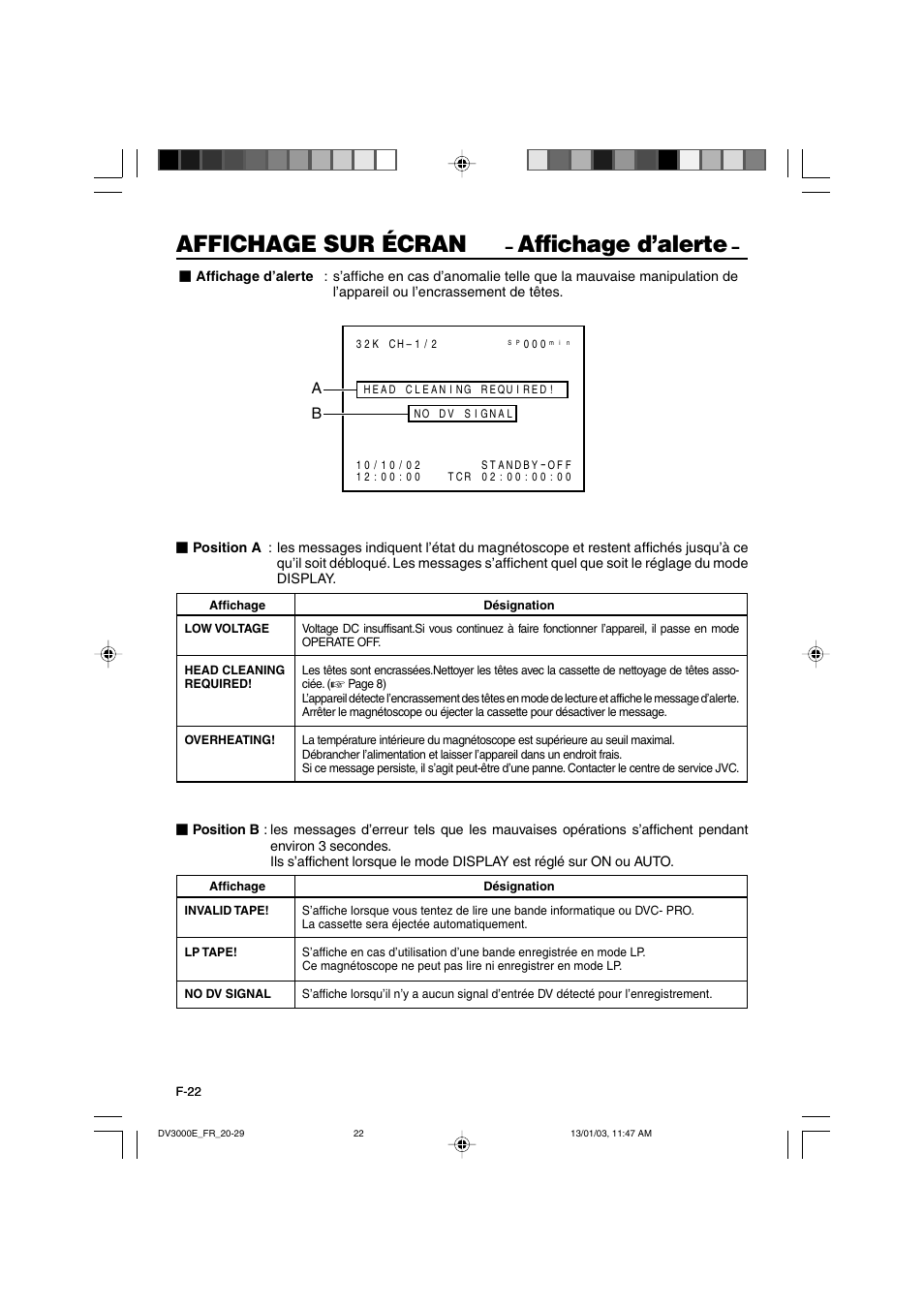 Affichage sur écran, Affichage d’alerte | JVC BR-DV3000E User Manual | Page 162 / 350