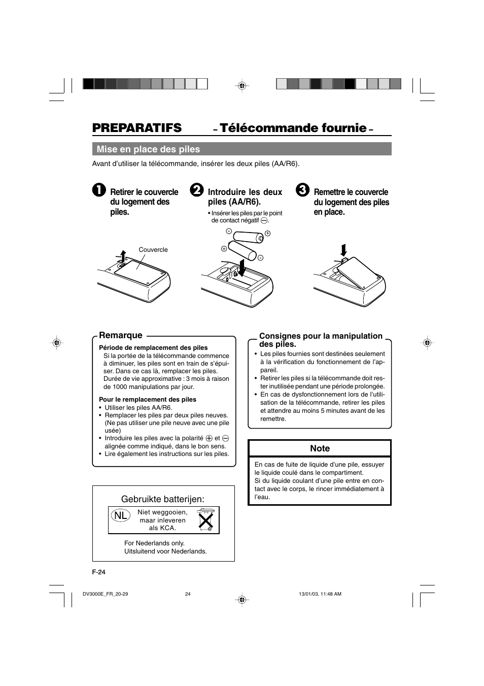 Preparatifs, Télécommande fournie, Mise en place des piles | Gebruikte batterijen | JVC BR-DV3000E User Manual | Page 164 / 350