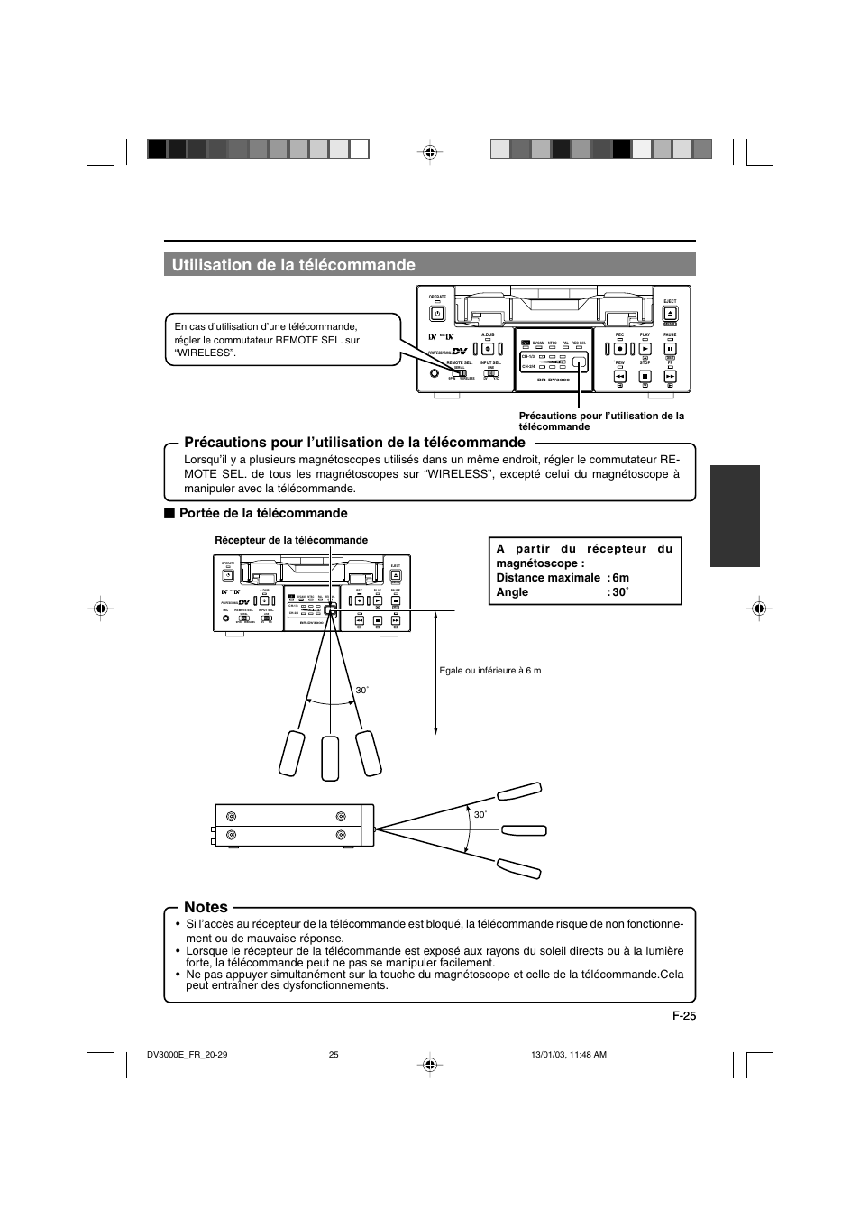 Utilisation de la télécommande, Précautions pour l’utilisation de la télécommande, Portée de la télécommande | F-25, Récepteur de la télécommande, 30˚ egale ou inférieure à 6 m | JVC BR-DV3000E User Manual | Page 165 / 350