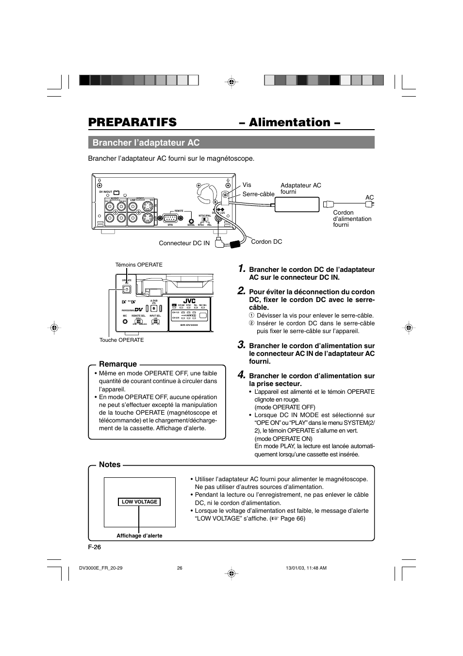 Preparatifs – alimentation, Brancher l’adaptateur ac, Remarque | JVC BR-DV3000E User Manual | Page 166 / 350