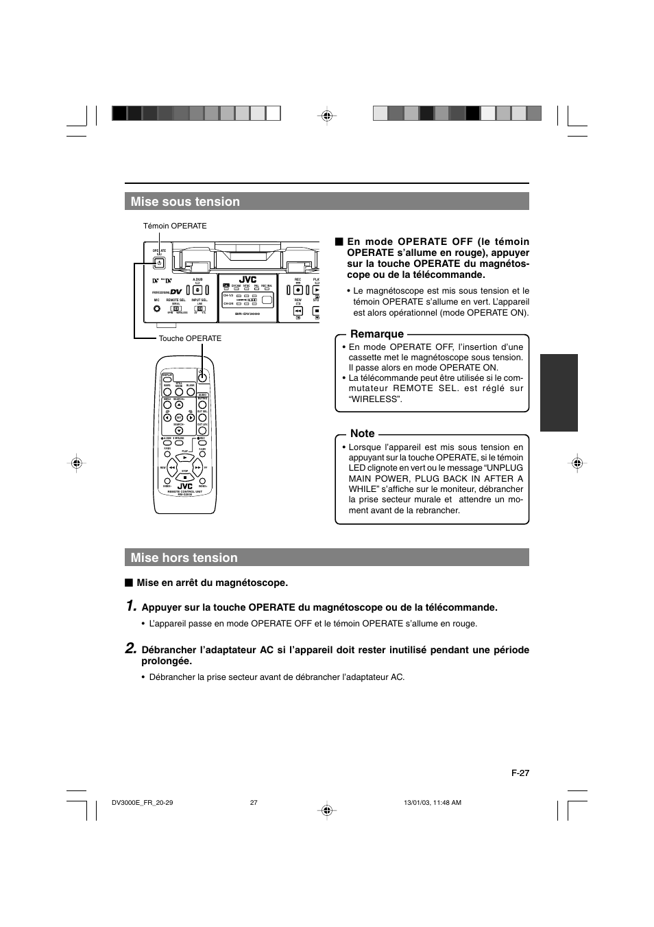 Mise sous tension, Mise hors tension, Remarque | Mise en arrêt du magnétoscope, F-27, Témoin operate touche operate | JVC BR-DV3000E User Manual | Page 167 / 350