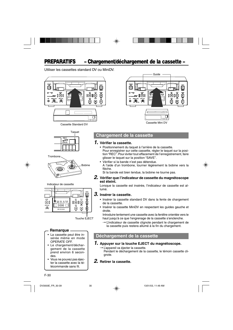 Chargement de la cassette, Déchargement de la cassette, Remarque | JVC BR-DV3000E User Manual | Page 170 / 350