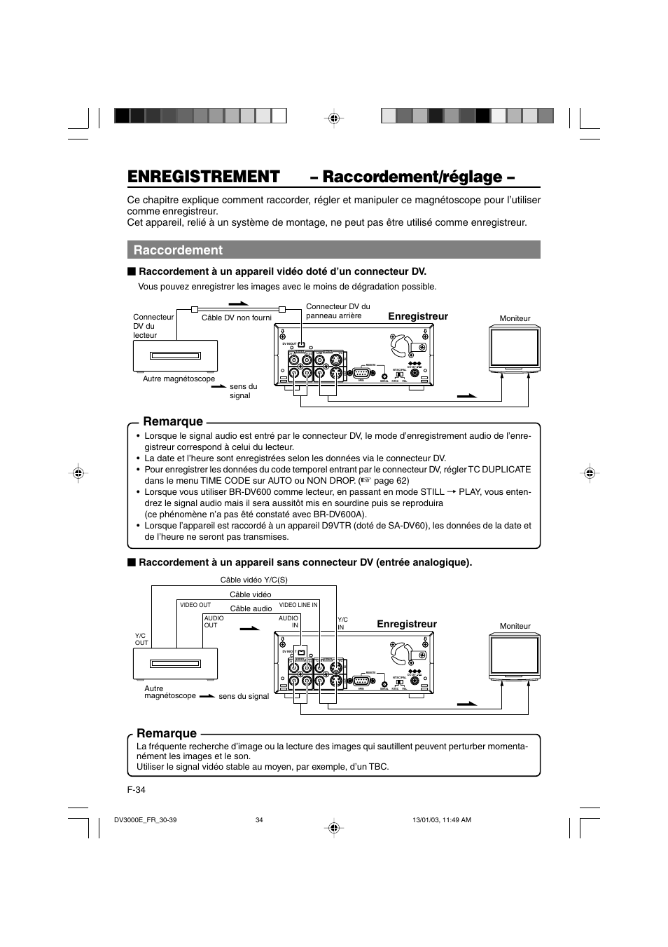 Enregistrement – raccordement/réglage, Raccordement, Remarque | Enregistreur, F-34 | JVC BR-DV3000E User Manual | Page 174 / 350