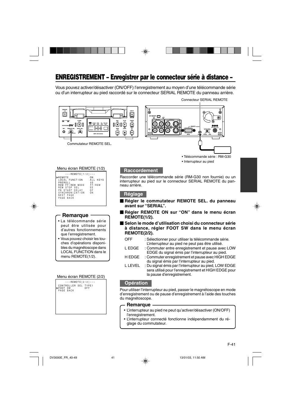 Remarque, Raccordement, Réglage | Opération, F-41, Menu écran remote (1/2) menu écran remote (2/2) | JVC BR-DV3000E User Manual | Page 181 / 350