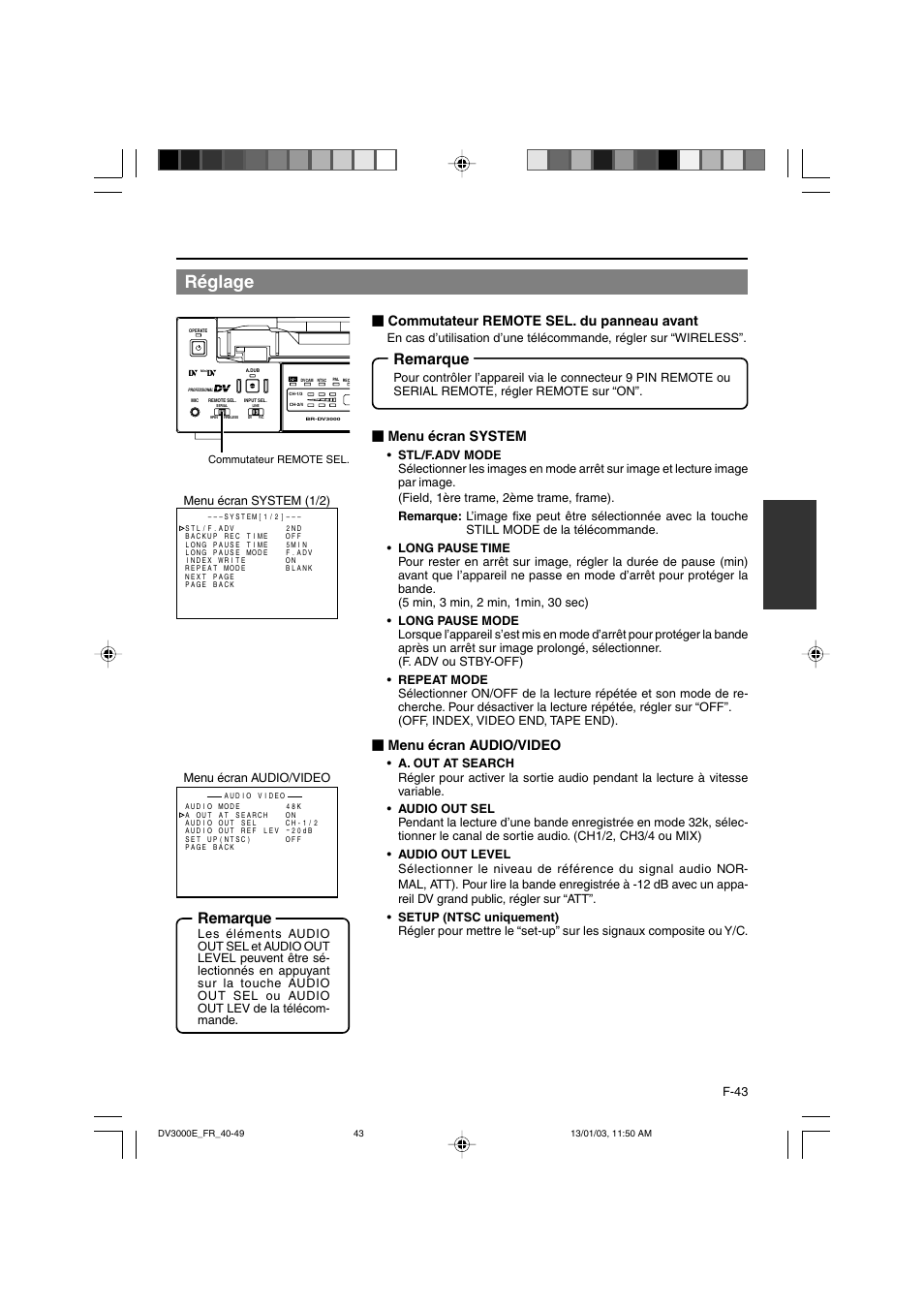 Réglage, Remarque, Commutateur remote sel. du panneau avant | Menu écran system, Menu écran audio/video | JVC BR-DV3000E User Manual | Page 183 / 350