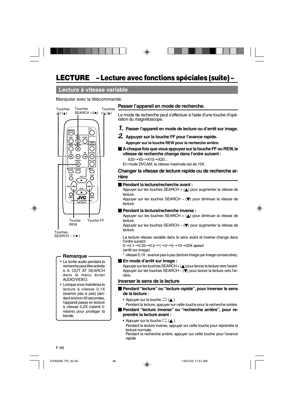 Lecture – lecture avec fonctions spéciales (suite), Lecture à vitesse variable, Passer l’appareil en mode de recherche | Inverser le sens de la lecture, Remarque | JVC BR-DV3000E User Manual | Page 186 / 350