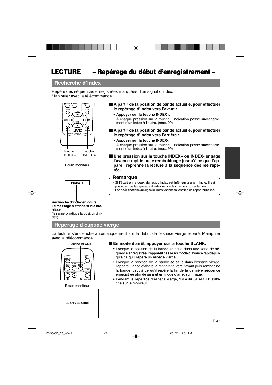 Lecture – repérage du début d’enregistrement, Recherche d’index, Repérage d’espace vierge | Remarque, En mode d’arrêt, appuyer sur la touche blank | JVC BR-DV3000E User Manual | Page 187 / 350