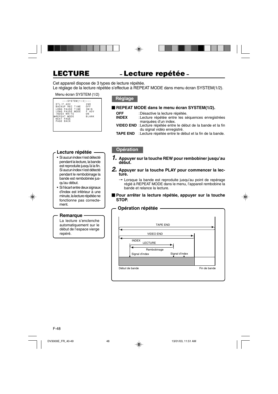 Lecture, Lecture repétée, Réglage | Opération, Opération répétée lecture répétée, Remarque | JVC BR-DV3000E User Manual | Page 188 / 350