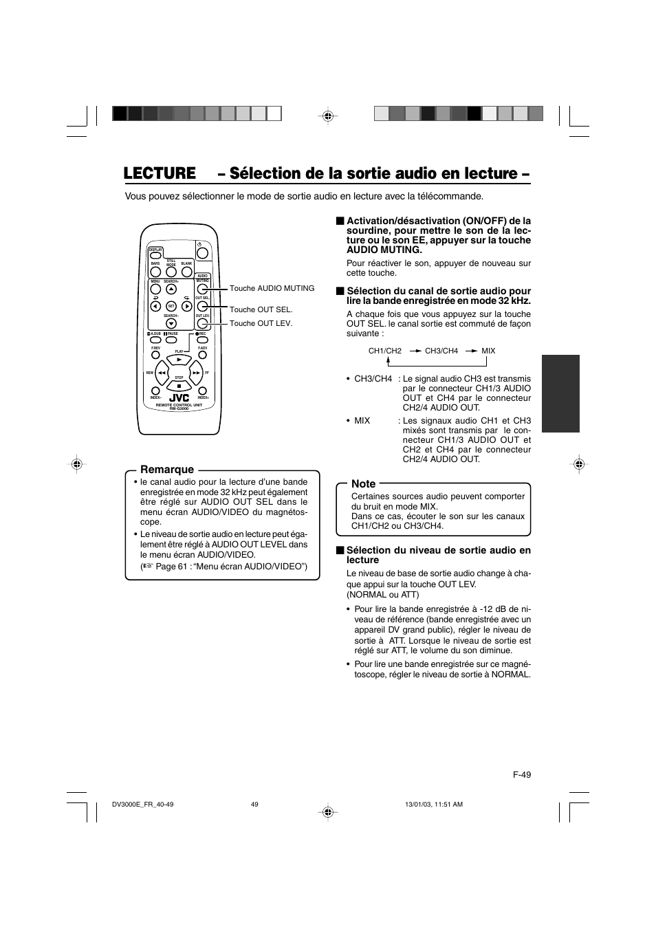 Lecture – sélection de la sortie audio en lecture, Remarque, Sélection du niveau de sortie audio en lecture | JVC BR-DV3000E User Manual | Page 189 / 350