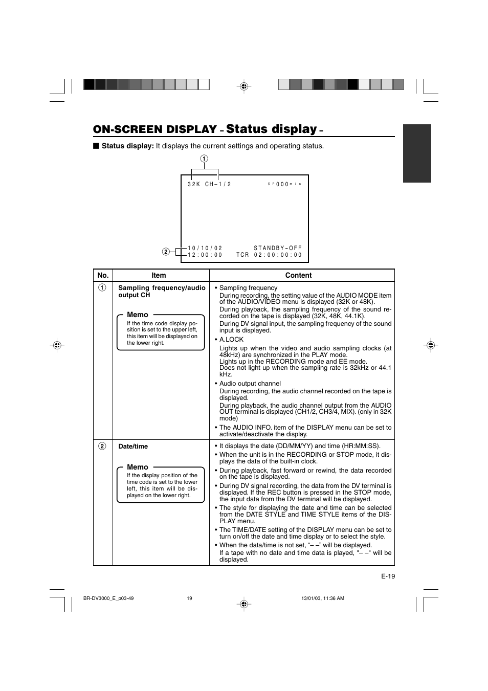 Status display, On-screen display | JVC BR-DV3000E User Manual | Page 19 / 350