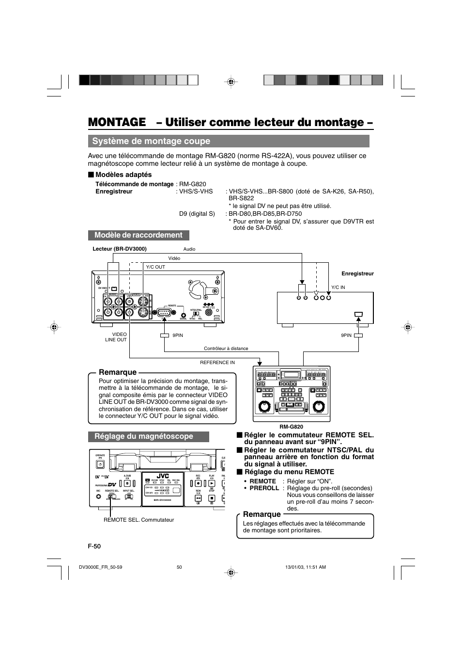 Montage – utiliser comme lecteur du montage, Système de montage coupe, Modèle de raccordement | Remarque, Réglage du magnétoscope | JVC BR-DV3000E User Manual | Page 190 / 350