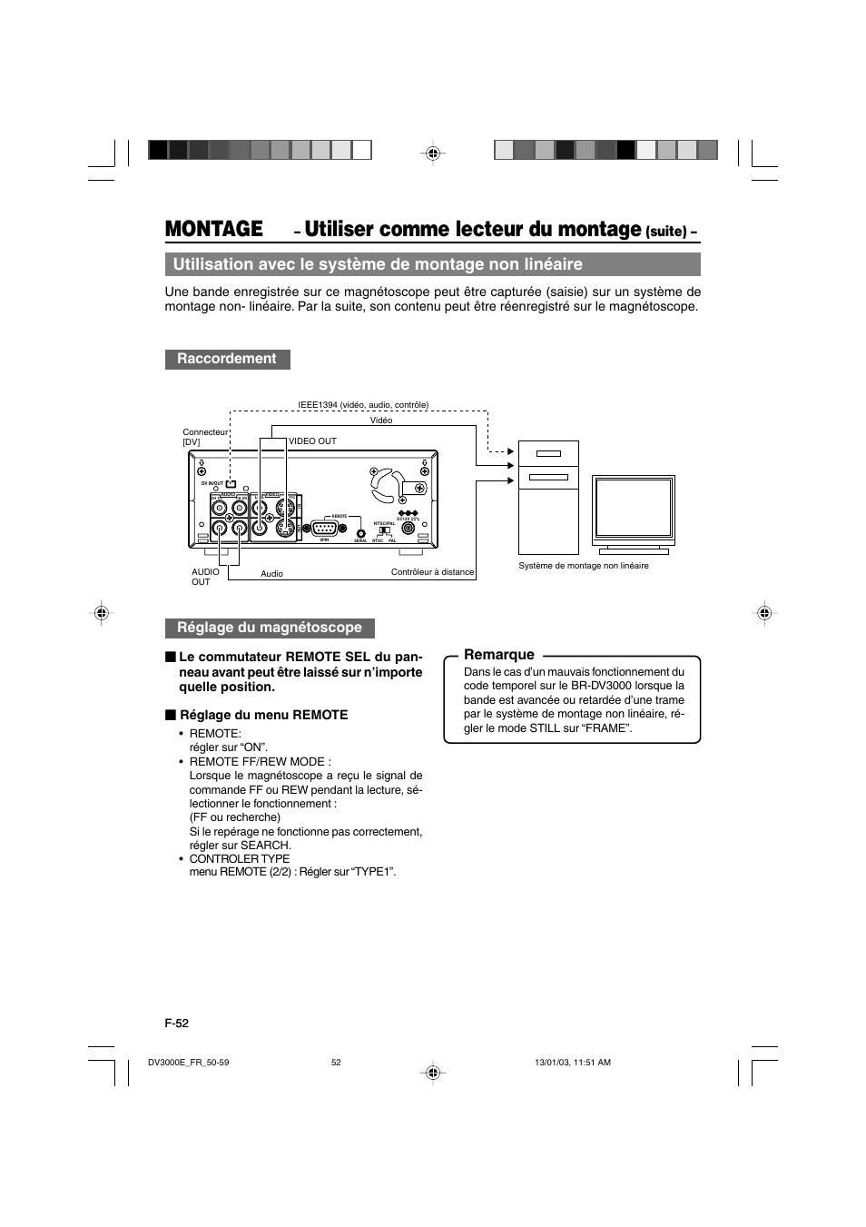 Montage, Utiliser comme lecteur du montage, Suite) – raccordement | Réglage du magnétoscope, Remarque | JVC BR-DV3000E User Manual | Page 192 / 350