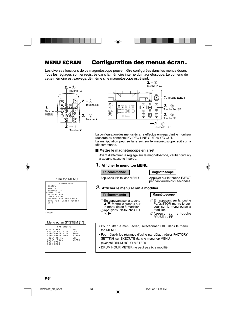 Configuration des menus écran, Menu ecran, Mettre le magnétoscope en arrêt | Afficher le menu top menu, Afficher le menu écran à modifier | JVC BR-DV3000E User Manual | Page 194 / 350