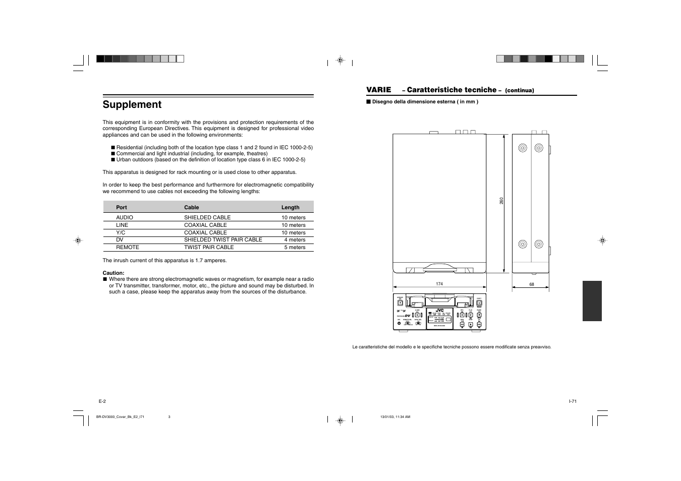 Supplement, Varie, Caratteristiche tecniche | Continua) | JVC BR-DV3000E User Manual | Page 2 / 350