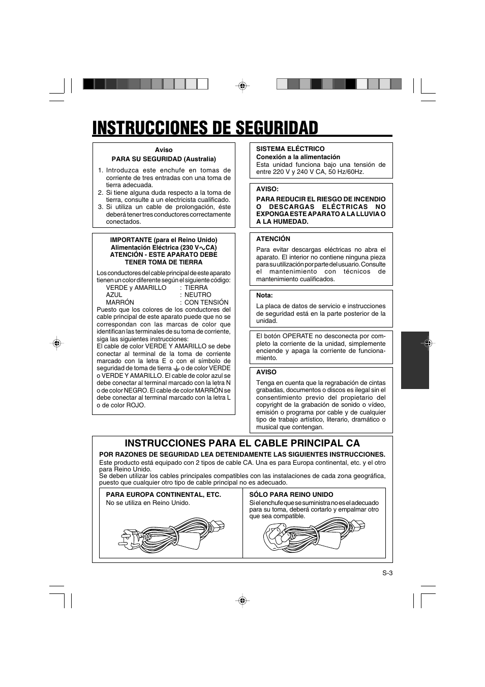 Instrucciones de seguridad, Instrucciones para el cable principal ca | JVC BR-DV3000E User Manual | Page 213 / 350