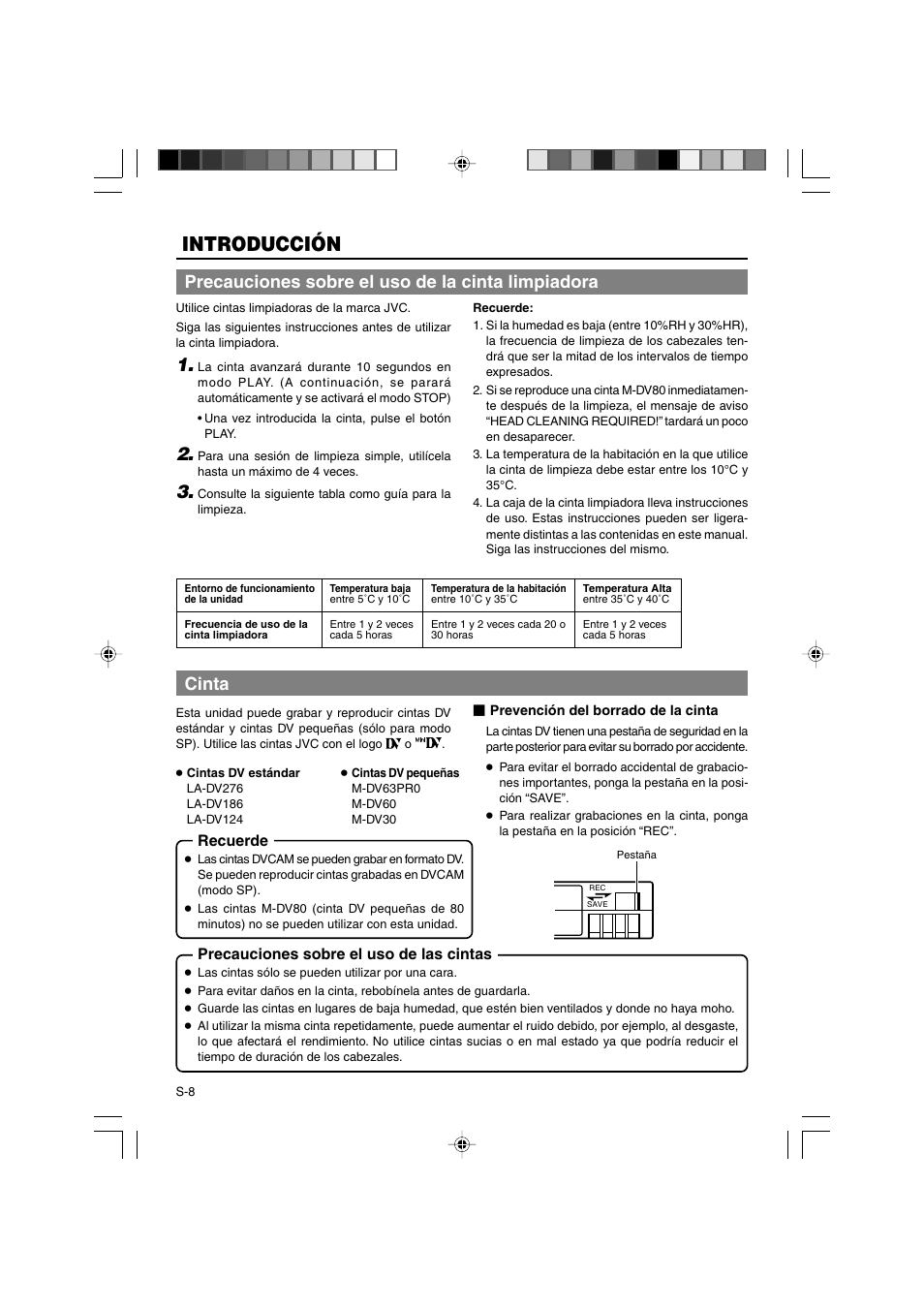 Introducción, Precauciones sobre el uso de la cinta limpiadora, Cinta | Recuerde, Precauciones sobre el uso de las cintas | JVC BR-DV3000E User Manual | Page 218 / 350