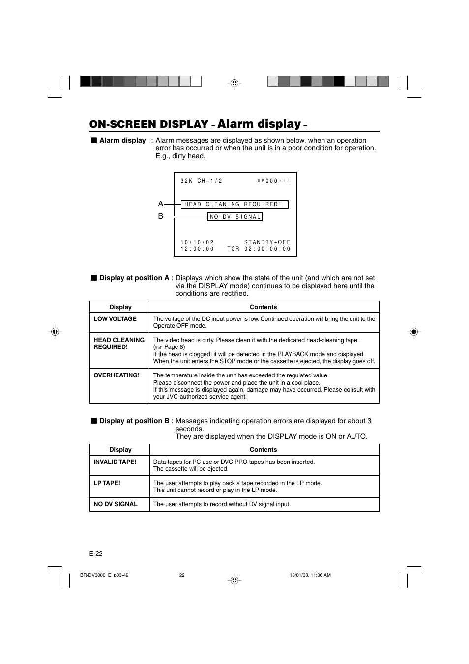 Alarm display, On-screen display | JVC BR-DV3000E User Manual | Page 22 / 350