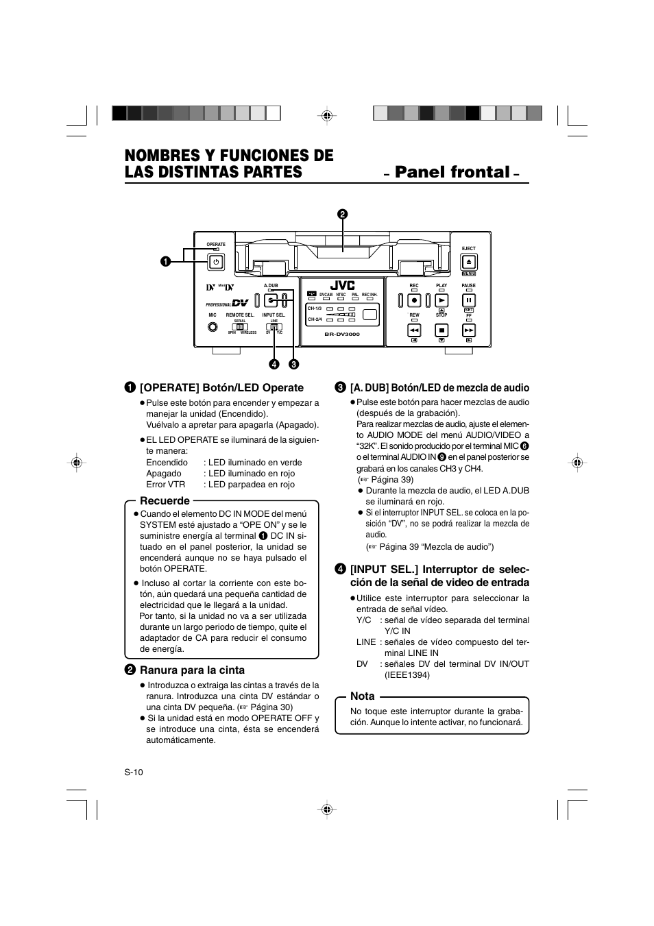 Nombres y funciones de las distintas partes, Panel frontal, Operate] botón/led operate | Recuerde, Ranura para la cinta, A. dub] botón/led de mezcla de audio, Nota | JVC BR-DV3000E User Manual | Page 220 / 350