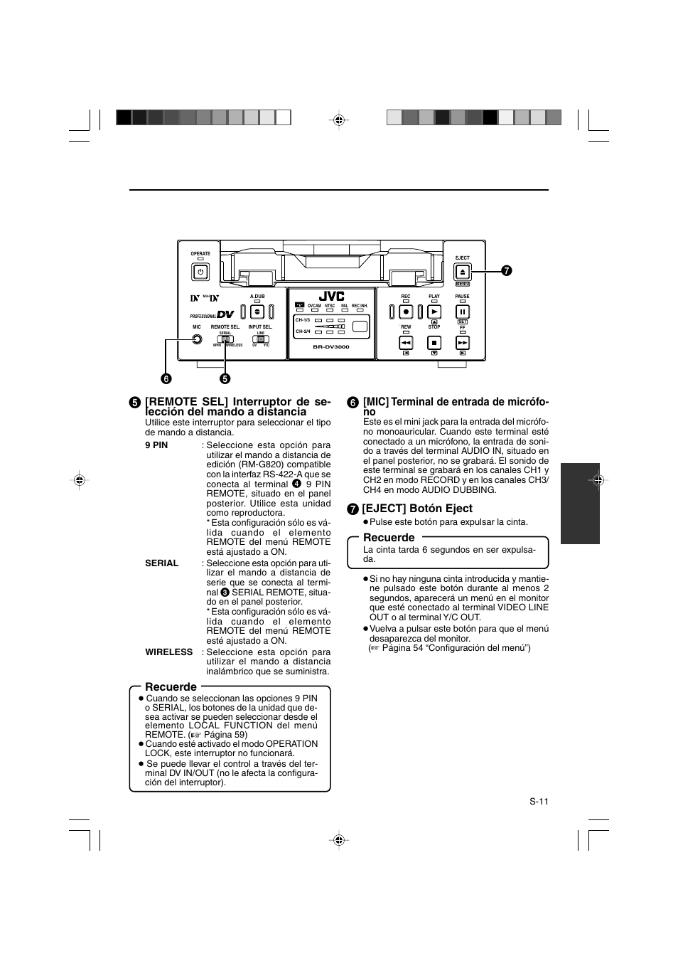 Mic] terminal de entrada de micrófo- no, Eject] botón eject, Recuerde | JVC BR-DV3000E User Manual | Page 221 / 350