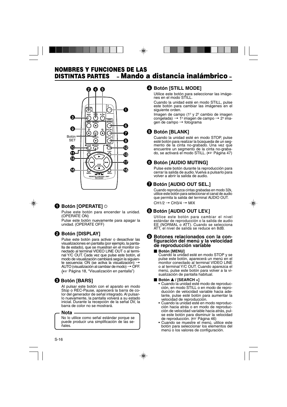 Mando a distancia inalámbrico, Nombres y funciones de las distintas partes, Botón [operate] f | Botón [display, Botón [bars, Nota, Botón [still mode, Botón [blank, Botón [audio muting, Botón [audio out sel | JVC BR-DV3000E User Manual | Page 226 / 350