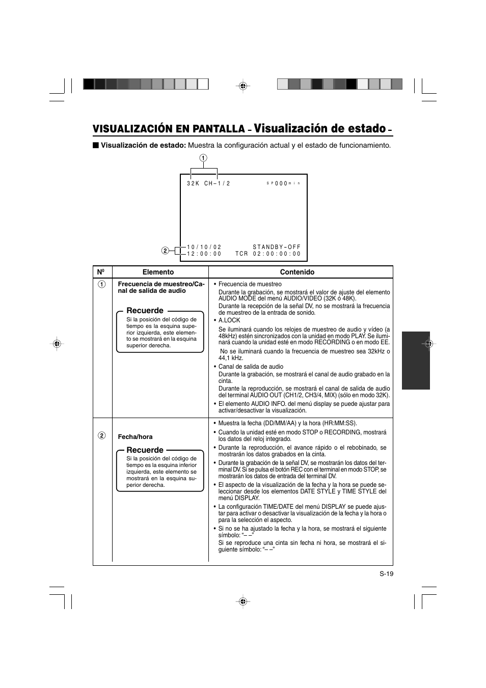 Visualización de estado, Visualización en pantalla | JVC BR-DV3000E User Manual | Page 229 / 350