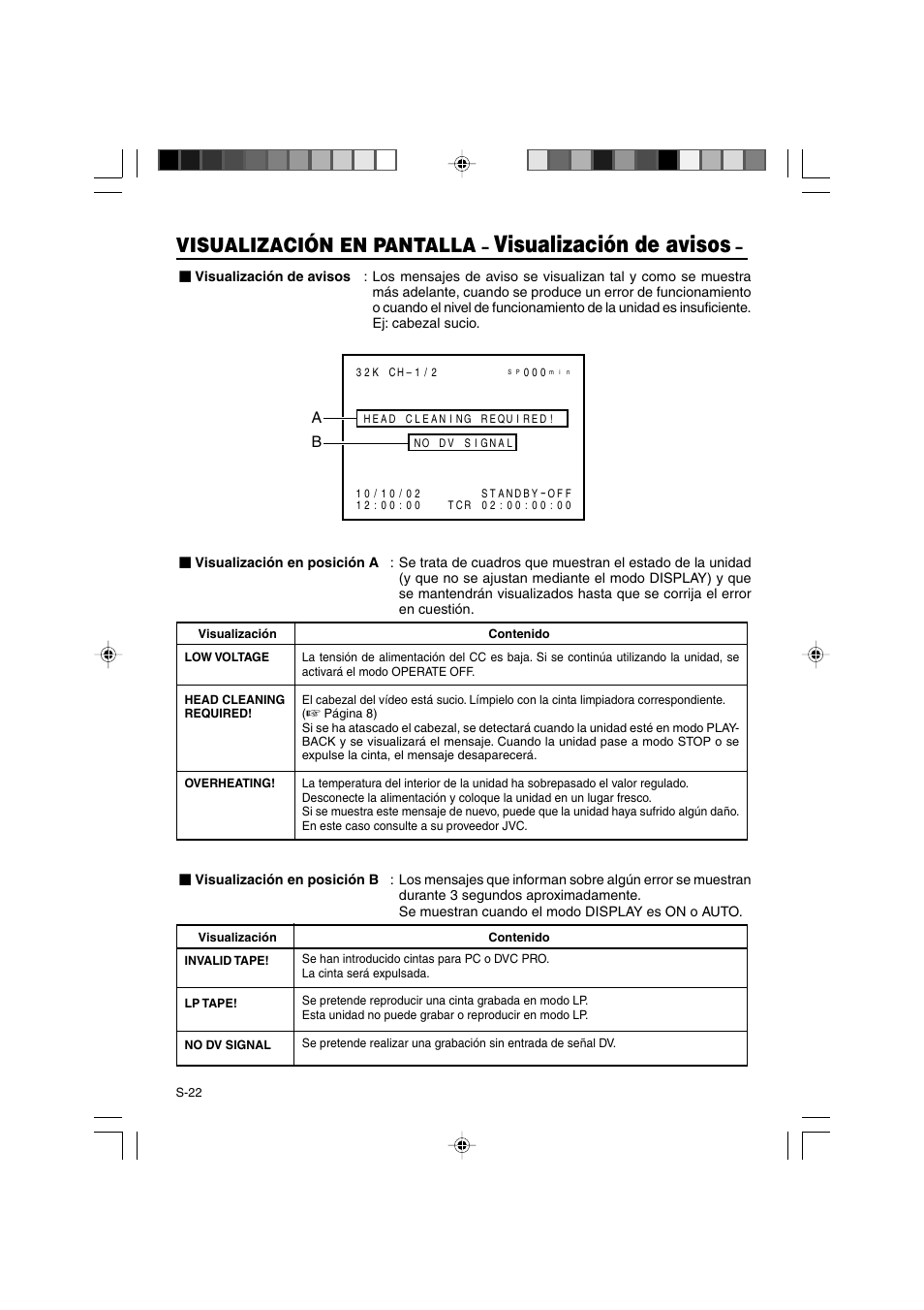 Visualización de avisos, Visualización en pantalla | JVC BR-DV3000E User Manual | Page 232 / 350