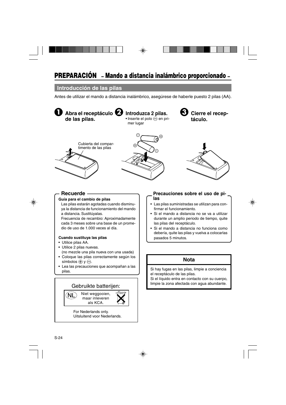 Preparación, Mando a distancia inalámbrico proporcionado, Introducción de las pilas | JVC BR-DV3000E User Manual | Page 234 / 350