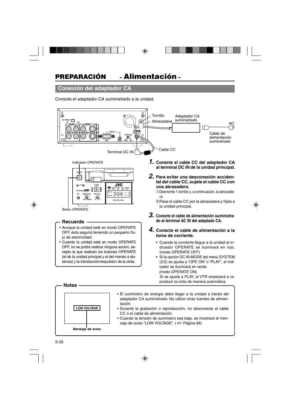 Alimentación, Preparación, Conexión del adaptador ca | Recuerde, Notas, Conecte el adaptador ca suministrado a la unidad | JVC BR-DV3000E User Manual | Page 236 / 350