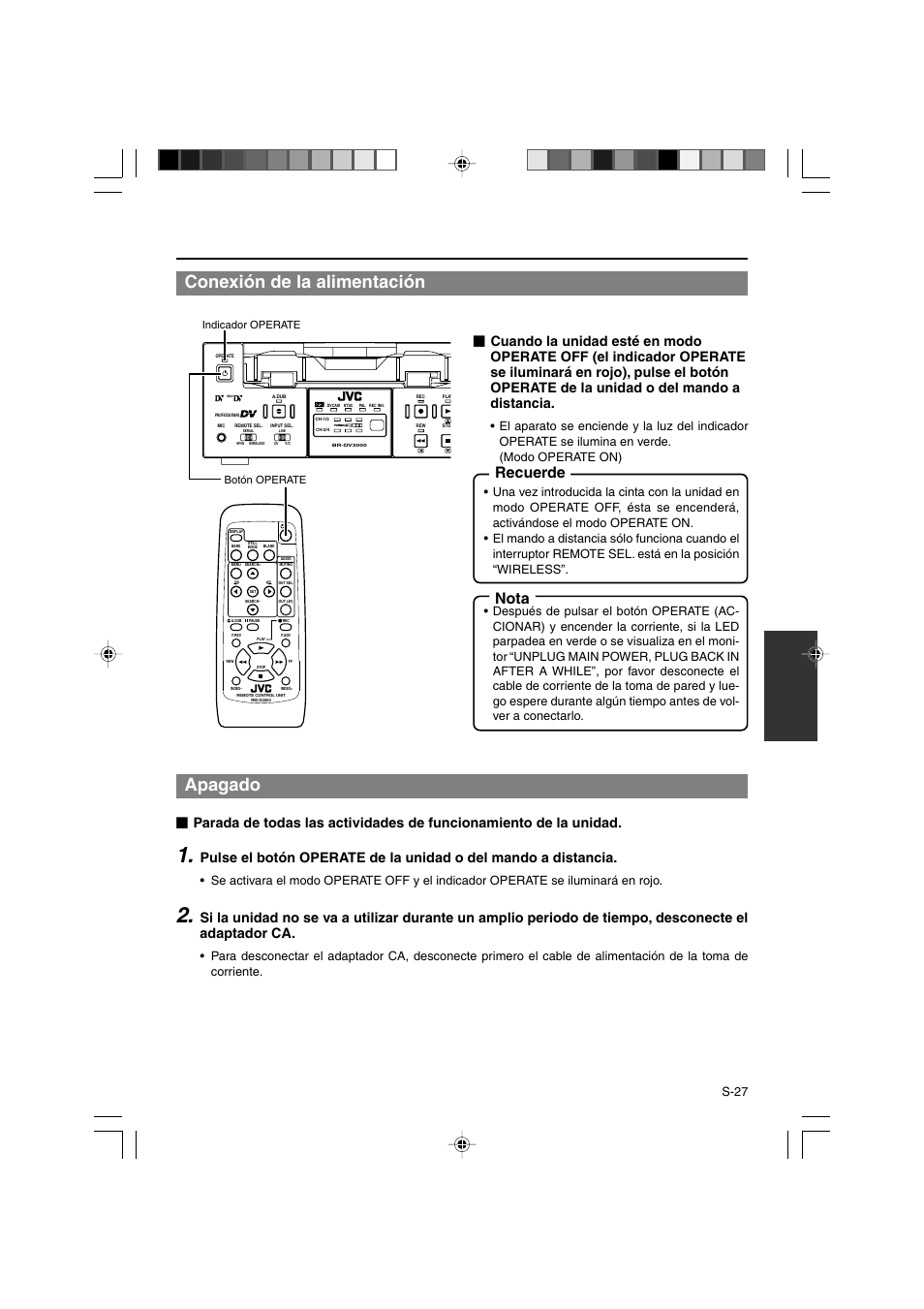 Conexión de la alimentación, Apagado, Recuerde | Nota, S-27, Indicador operate botón operate | JVC BR-DV3000E User Manual | Page 237 / 350