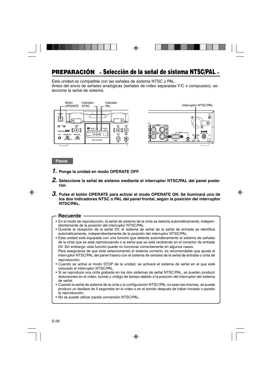 Selección de la señal de sistema ntsc/pal, Preparación, Recuerde | Pasos, Ponga la unidad en modo operate off | JVC BR-DV3000E User Manual | Page 238 / 350