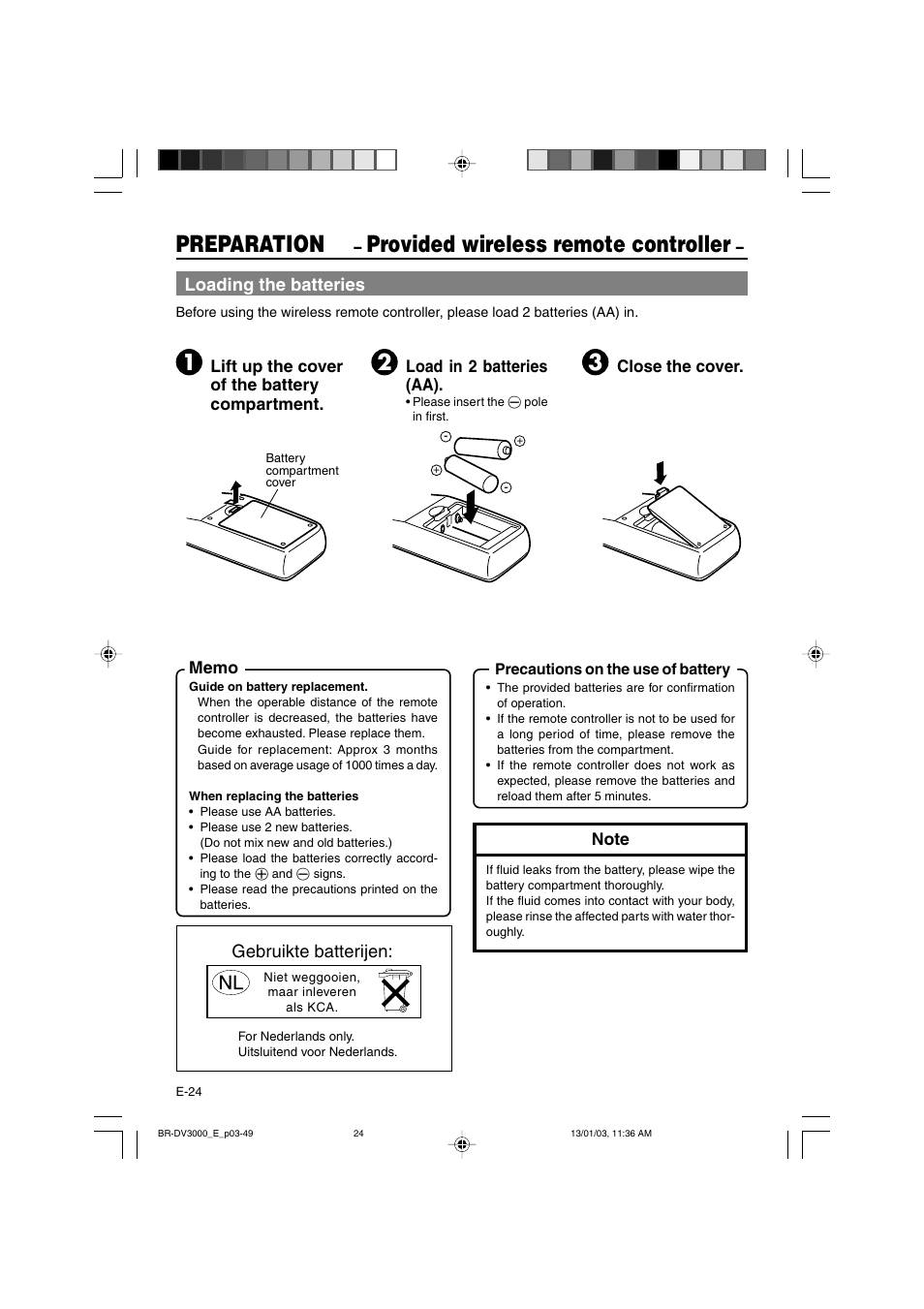 Preparation, Provided wireless remote controller, Loading the batteries | Gebruikte batterijen | JVC BR-DV3000E User Manual | Page 24 / 350