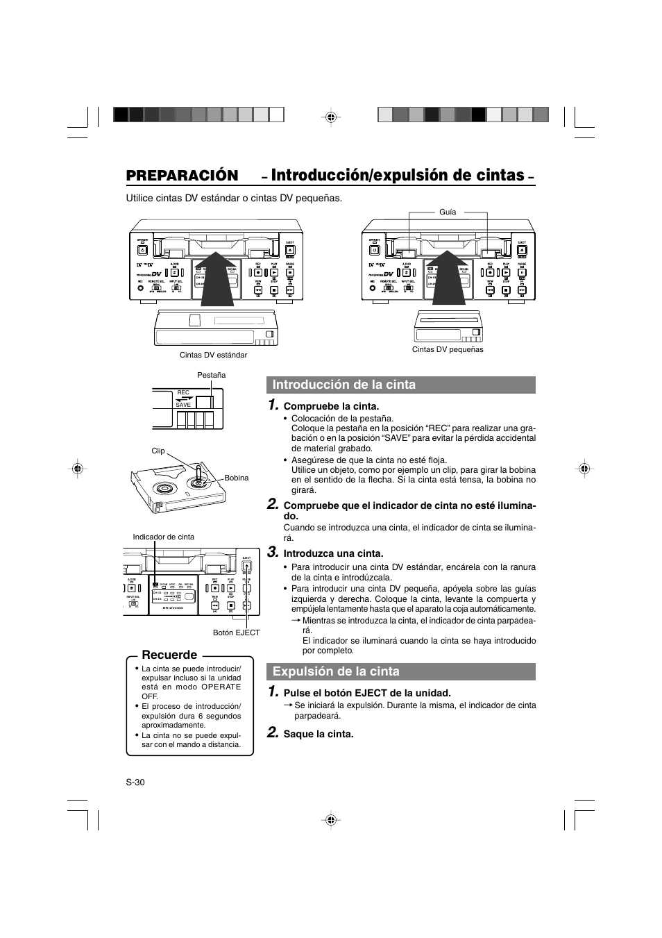 Introducción/expulsión de cintas, Preparación, Introducción de la cinta | Expulsión de la cinta, Recuerde | JVC BR-DV3000E User Manual | Page 240 / 350