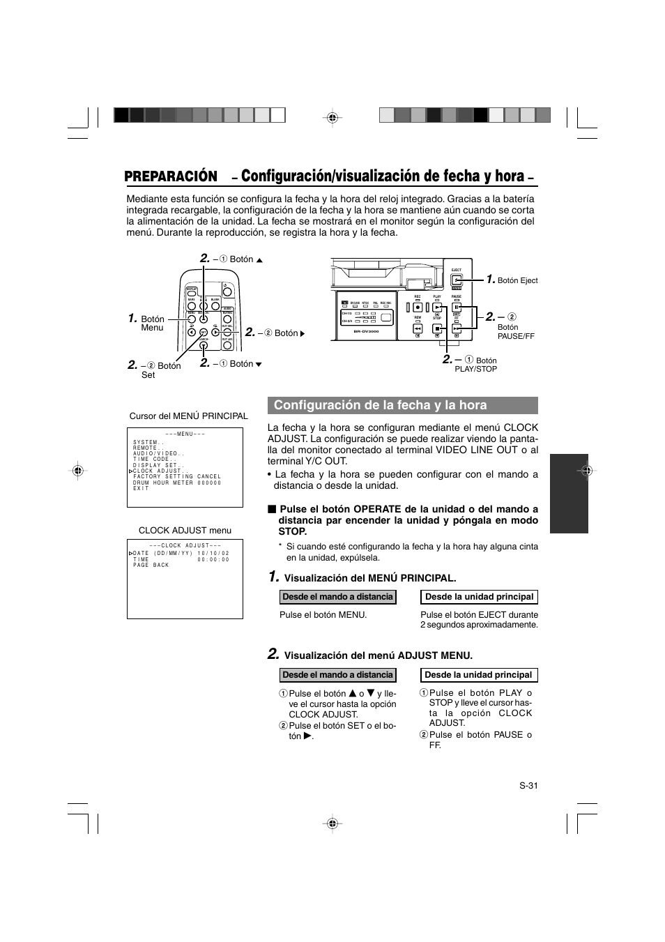 Configuración/visualización de fecha y hora, Preparación, Configuración de la fecha y la hora | JVC BR-DV3000E User Manual | Page 241 / 350