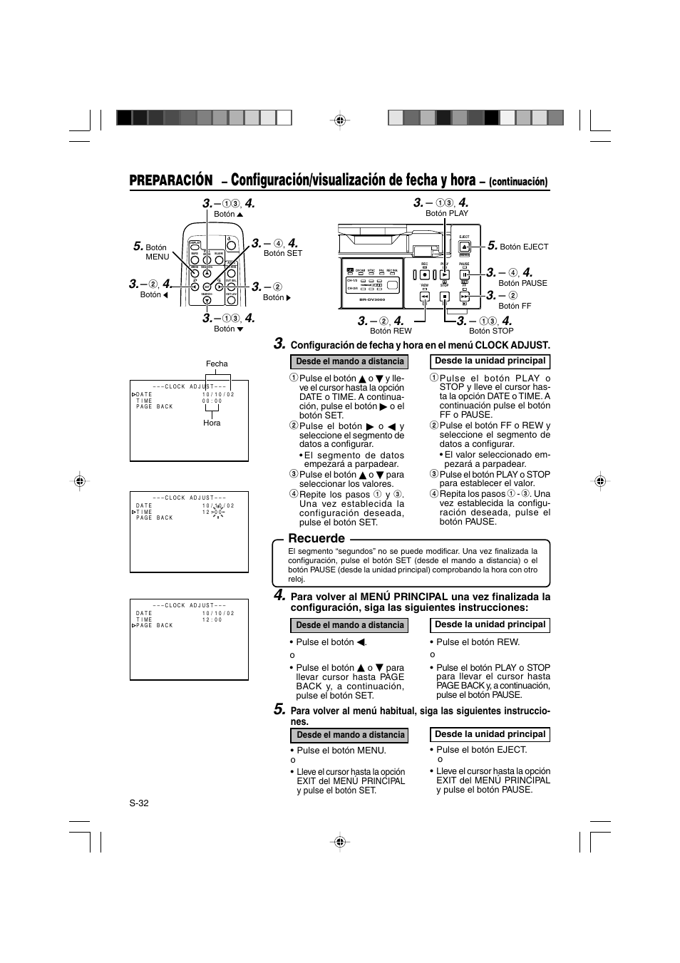 Configuración/visualización de fecha y hora, Preparación, Recuerde | Continuación) | JVC BR-DV3000E User Manual | Page 242 / 350