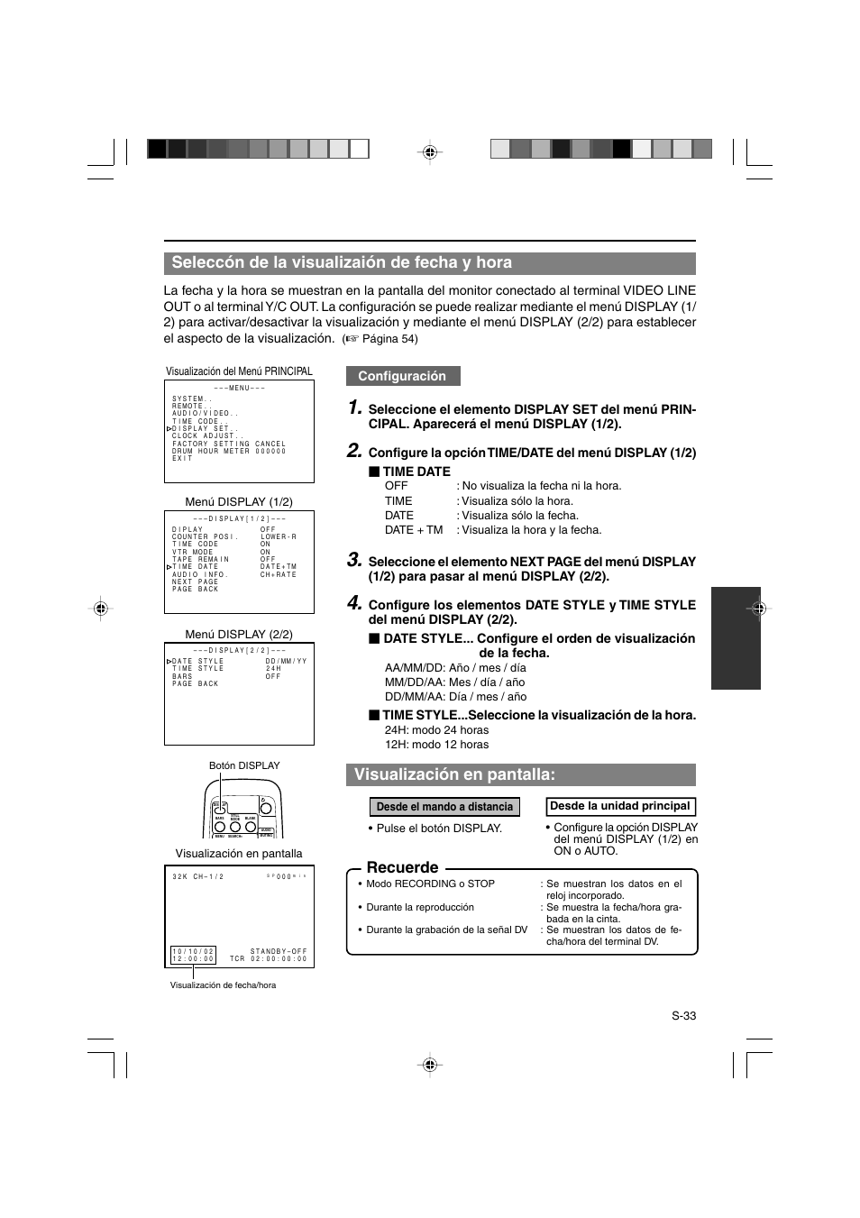 Seleccón de la visualizaión de fecha y hora, Visualización en pantalla, Recuerde | Configuración | JVC BR-DV3000E User Manual | Page 243 / 350