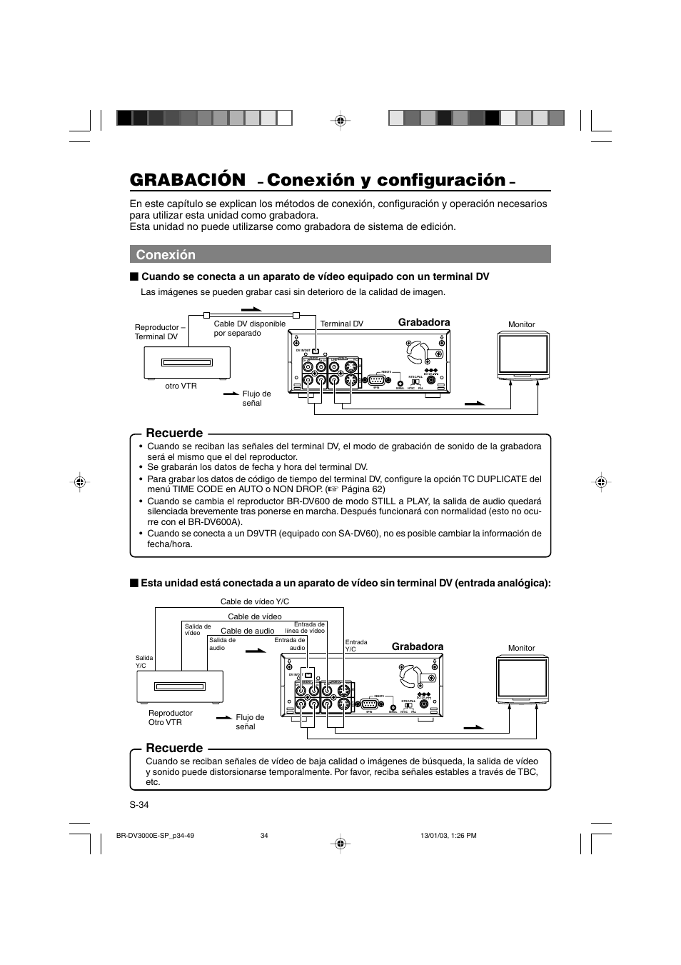 Grabación, Conexión y configuración, Conexión | Recuerde, Grabadora | JVC BR-DV3000E User Manual | Page 244 / 350