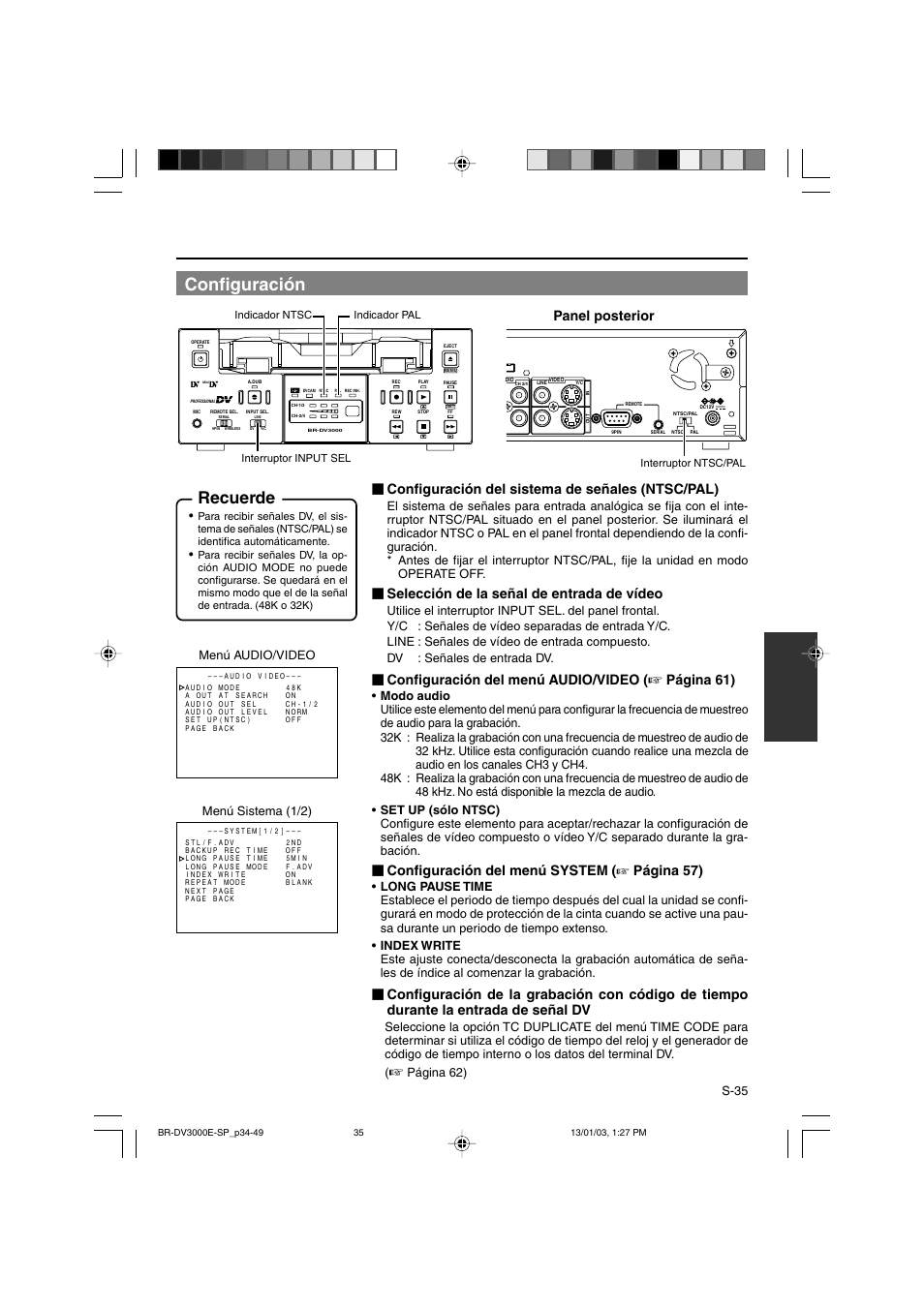 Configuración, Recuerde, Panel posterior | Configuración del sistema de señales (ntsc/pal), Selección de la señal de entrada de vídeo, Configuración del menú audio/video, Página 61), Configuración del menú system ( ☞ página 57), S-35, Menú audio/video menú sistema (1/2) | JVC BR-DV3000E User Manual | Page 245 / 350