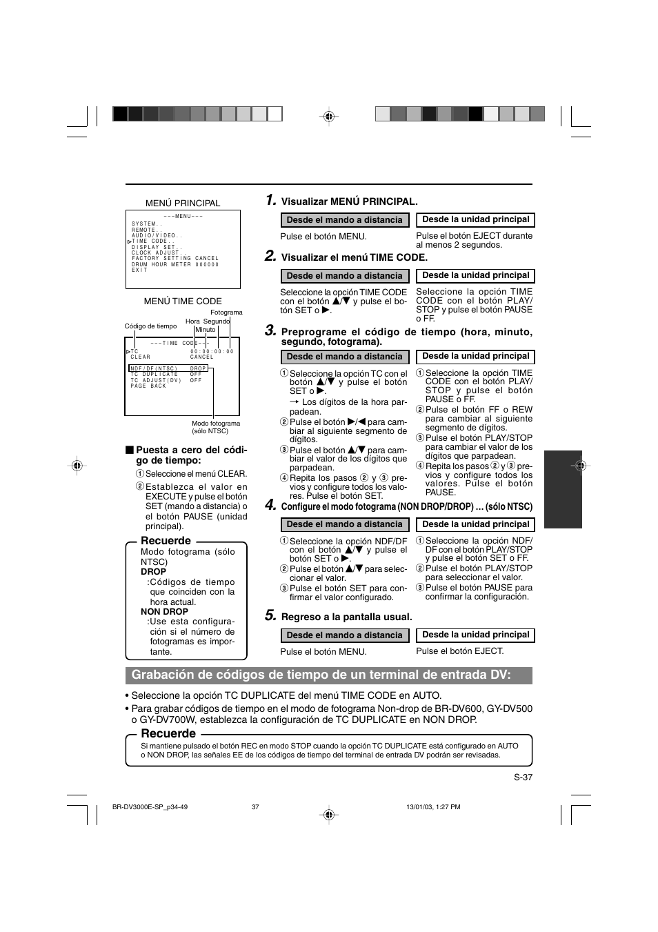 Recuerde | JVC BR-DV3000E User Manual | Page 247 / 350