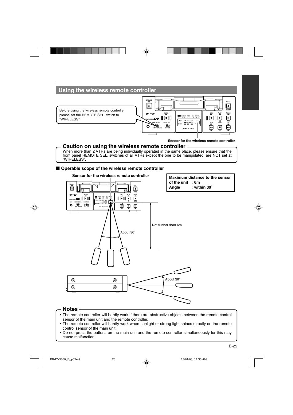 Using the wireless remote controller, Caution on using the wireless remote controller, Operable scope of the wireless remote controller | E-25, Sensor for the wireless remote controller, About 30, About 30˚ not further than 6m | JVC BR-DV3000E User Manual | Page 25 / 350