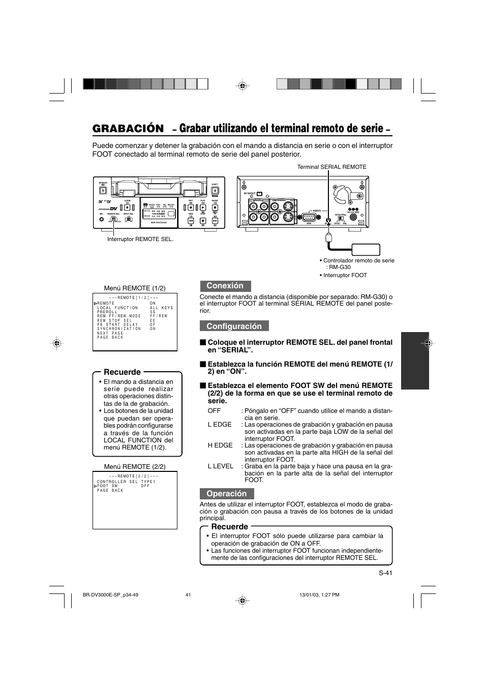 Grabar utilizando el terminal remoto de serie, Grabación, Recuerde | Conexión, Configuración, Operación, S-41, Menú remote (1/2) menú remote (2/2) | JVC BR-DV3000E User Manual | Page 251 / 350