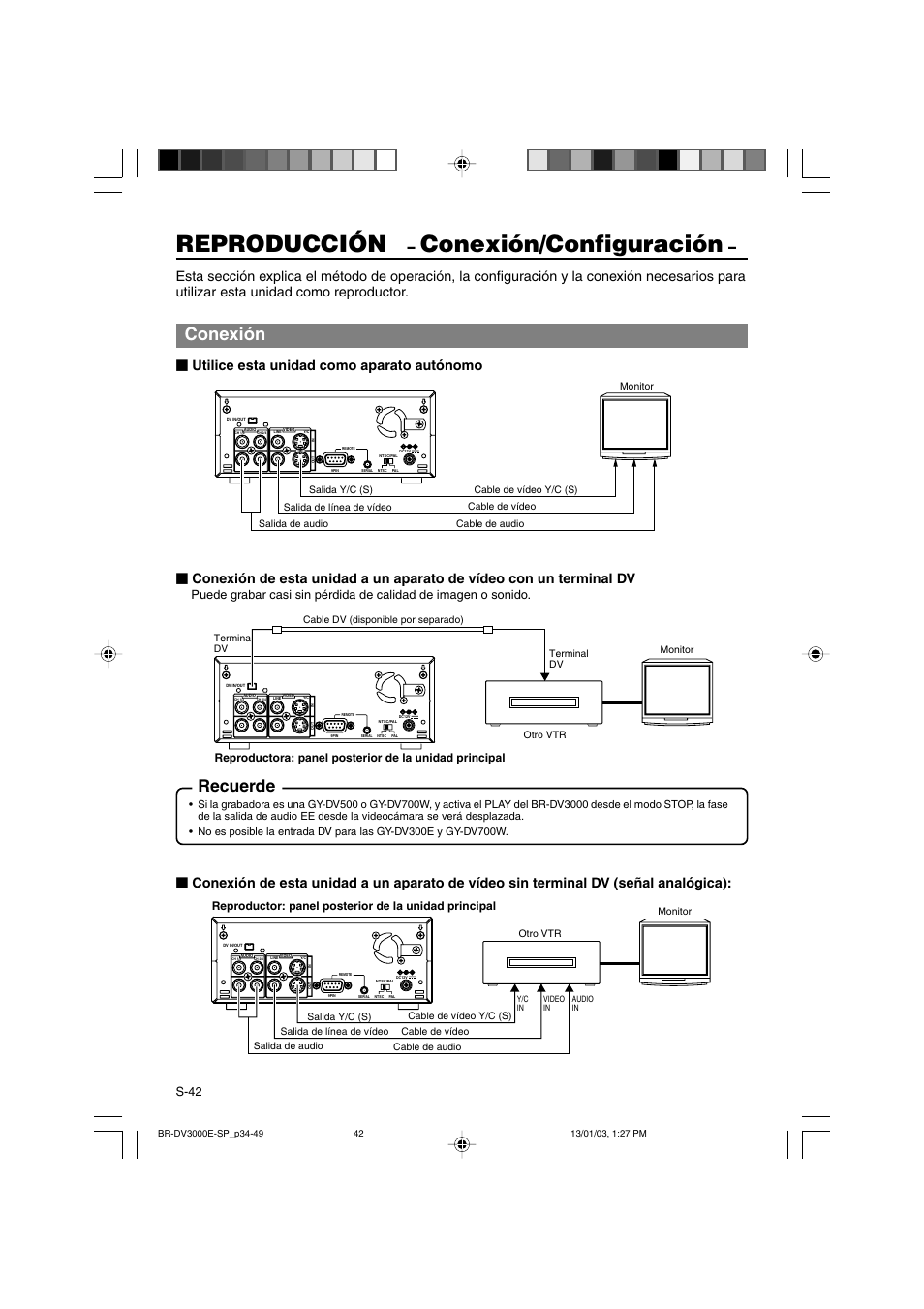 Reproducción, Conexión/configuración, Conexión | Recuerde, Utilice esta unidad como aparato autónomo, S-42 | JVC BR-DV3000E User Manual | Page 252 / 350