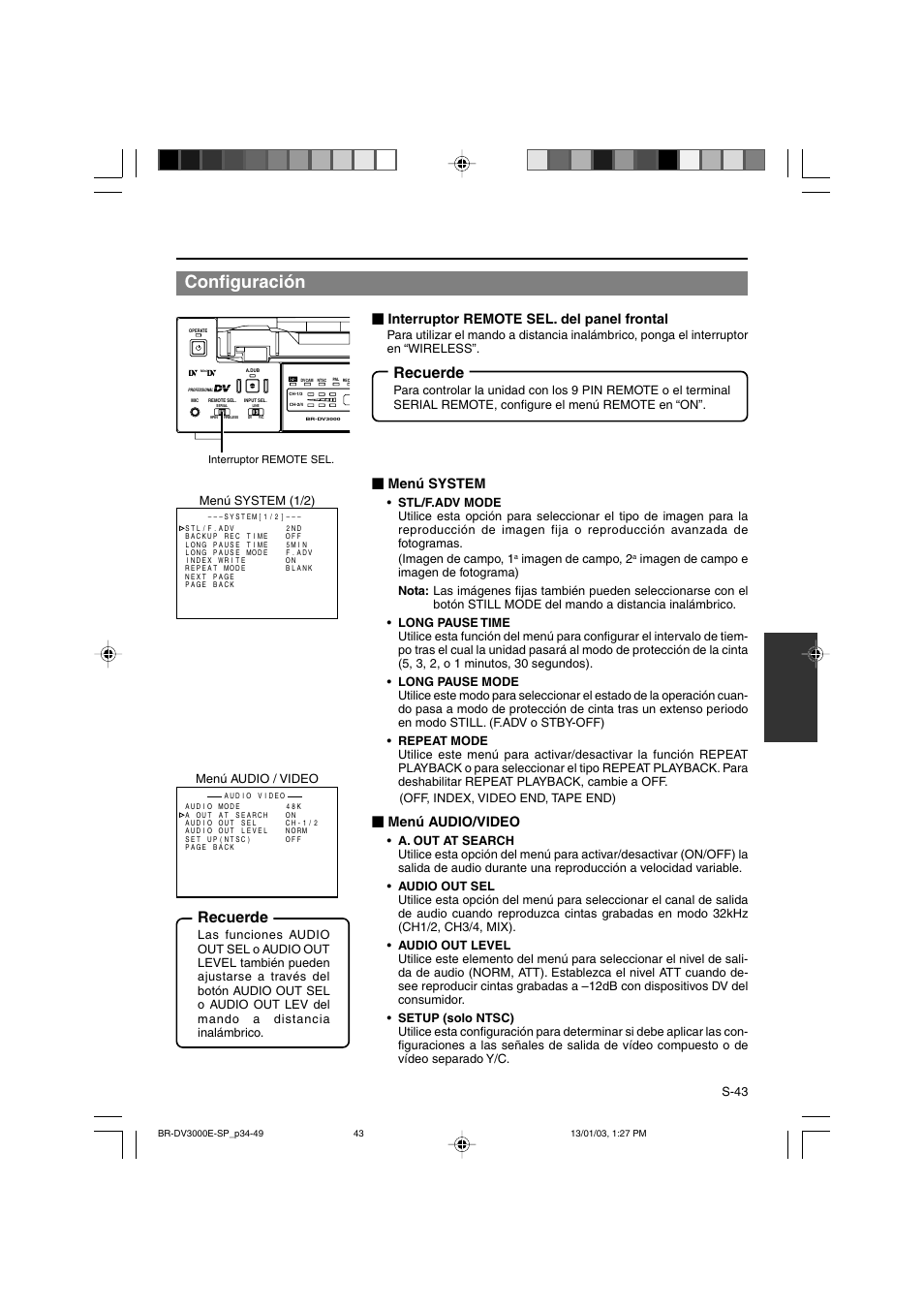 Configuración, Recuerde, Interruptor remote sel. del panel frontal | Menú system, Menú audio/video | JVC BR-DV3000E User Manual | Page 253 / 350