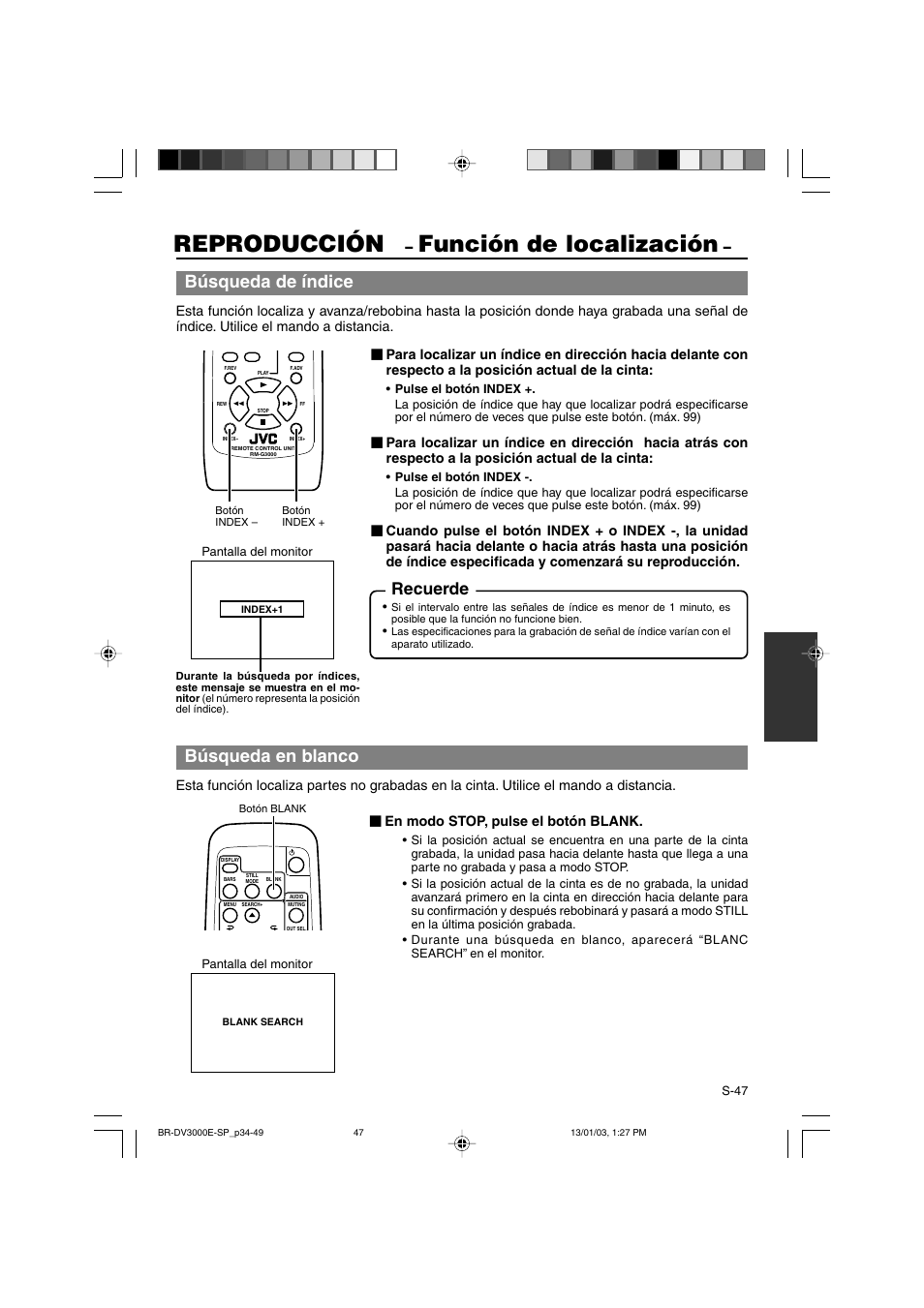 Reproducción, Función de localización, Búsqueda de índice | Búsqueda en blanco, Recuerde | JVC BR-DV3000E User Manual | Page 257 / 350